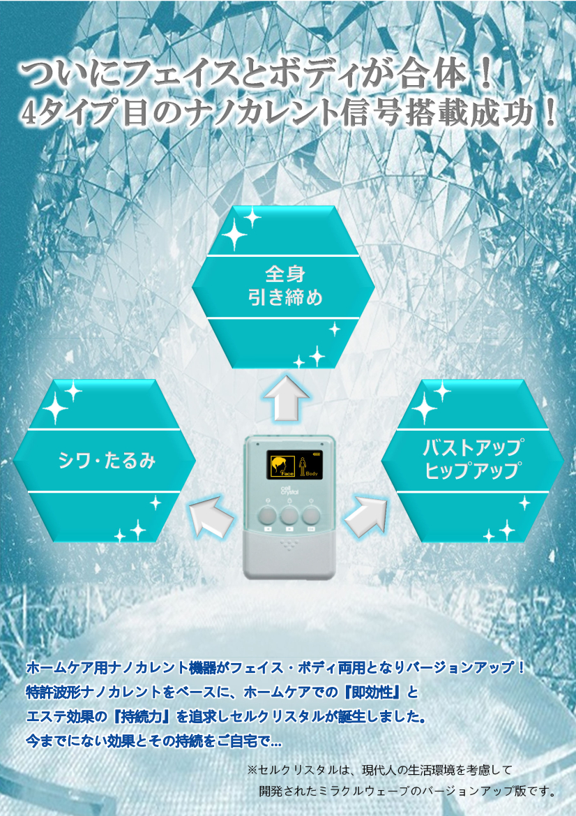 セルクリスタルは、ナノカレント*の力でお顔・ボディの細胞を活性化させる全身対応型美容機器です。
